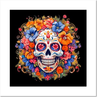 Day of the Dead Dia de Los Muertos Sugar Skull Blue Flowers Posters and Art